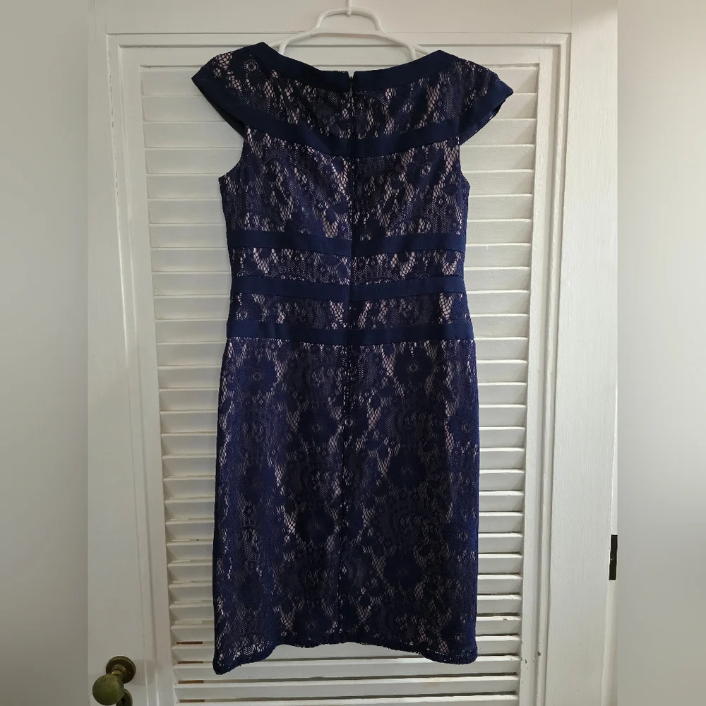 Adrianna Papell Navy Blue Lace Sheath Dress, 6 - Picture 3 of 4